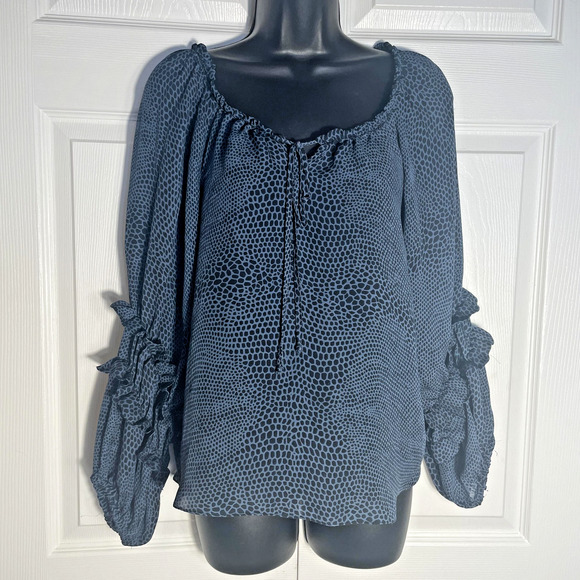 Parker Tops - Parker Shirt Women XS Blue Black‎ Silk Peasant Ruffle Sleeve Sheer Animal Print